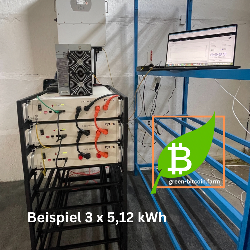 Stromspeicher Pytes 48100 R online kaufen mit Beratung. Modularer Solarstrom Speicher hier im Rack Regal System verbaut bei der Green-Bitcoin.Farm